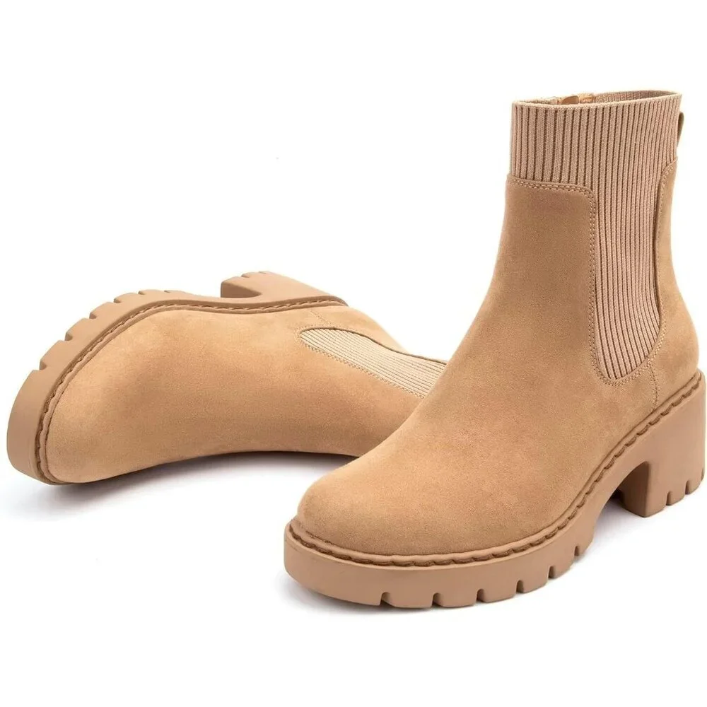 Women's Brown Platform Chelsea Boots Lug Sole Chunky Heel Zipper Slip On